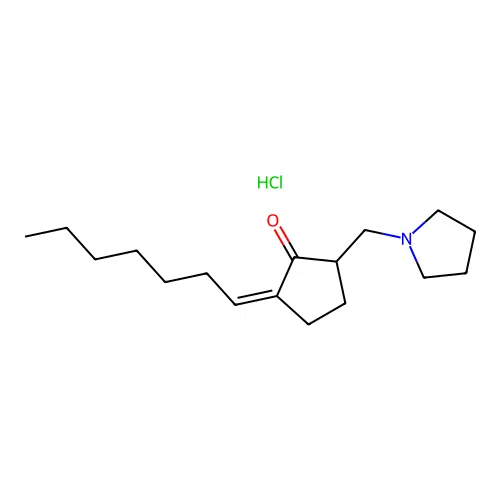 Cyclopentanone, 2-heptylidene-5-(1-pyrrolidinylmethyl)-, (E)-, hydrochloride structure