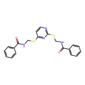 N-[[2-(benzamidomethylsulfanyl)pyrimidin-4-yl]sulfanylmethyl]benzamide structure