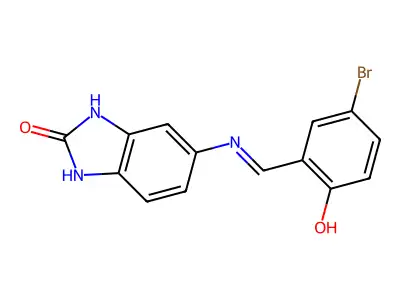 5-[(1E)-2-(5-bromo-2-hydroxyphenyl)-1-azavinyl]-3-hydrobenzimidazol-2-one structure