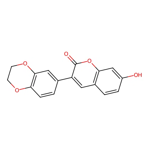 3-(2H,3H-benzo[3,4-e]1,4-dioxin-6-yl)-7-hydroxychromen-2-one structure
