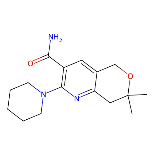 7,7-dimethyl-2-(piperidin-1-yl)-7,8-dihydro-5H-pyrano[4,3-b]pyridine-3-carboxamide structure