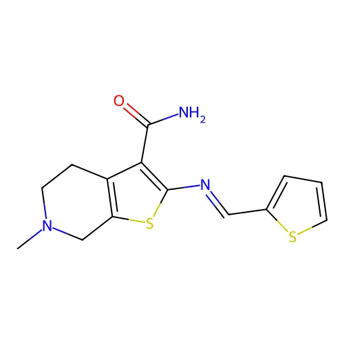 6-methyl-2-[(E)-2-thenylideneamino]-5,7-dihydro-4H-thieno[2,3-c]pyridine-3-carboxamide structure