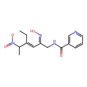 N-(4-ethyl-2-hydroxyimino-5-nitro-3-hexen-1-yl)-3-pyridinecarboxamide structure