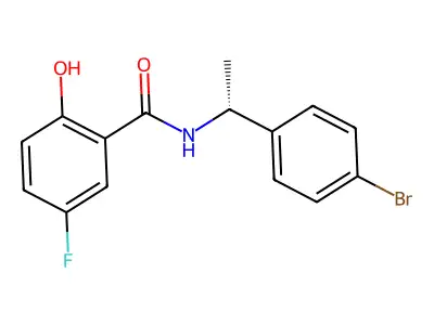 N-((1R)-1-(4-bromophenyl)ethyl)-5-fluoro-2-hydroxybenzamide structure