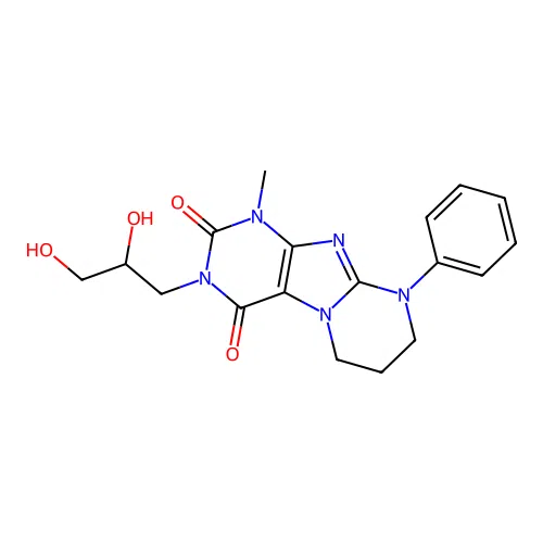 3-(2,3-dihydroxypropyl)-1-methyl-9-phenyl-6,7,8,9-tetrahydropyrimido[2,1-f]purine-2,4(1H,3H)-dione structure