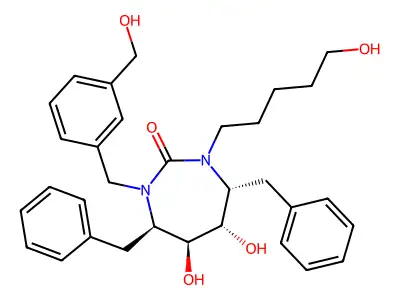 2H-1,3-Diazepin-2-one, hexahydro-5,6-dihydroxy-1-((3-(hydroxymethyl)phenyl)methyl)-3-(5-hydroxypentyl)-4,7-bis(phenylmethyl)-, (4R,5S,6S,7R)- structure