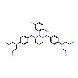 2-[1,3-bis[[4-[bis(2-chloroethyl)amino]phenyl]methyl]-1,3-diazinan-2-yl]-4-chlorophenol structure