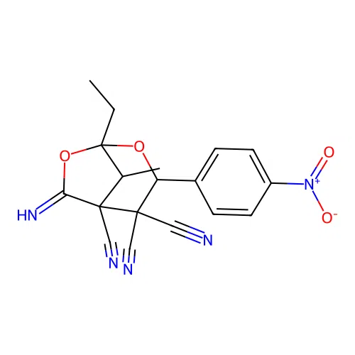 1-ethyl-6-imino-8-methyl-3-(4-nitrophenyl)-2,7-dioxabicyclo[3.2.1]octane-4,4,5-tricarbonitrile structure