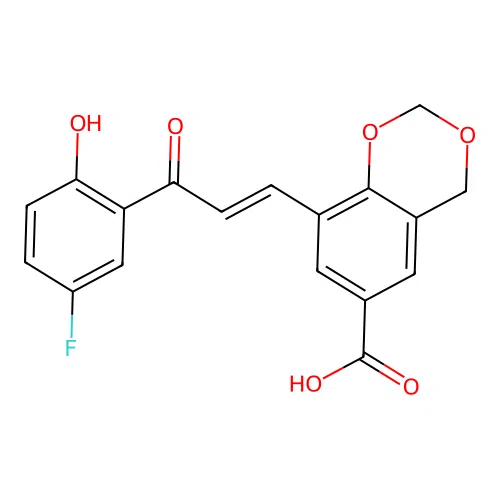 (E)-8-(3-(5-fluoro-2-hydroxyphenyl)-3-oxoprop-1-en-1-yl)-4H-benzo[d][1,3]dioxine-6-carboxylic acid structure