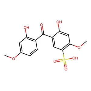 4-Hydroxy-5-(2-hydroxy-4-methoxybenzoyl)-2-methoxybenzene-1-sulfonic acid structure