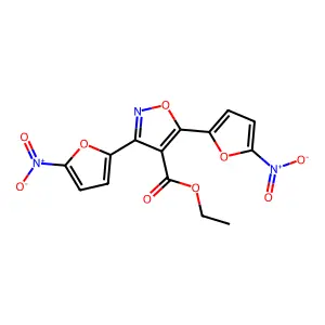 4-Isoxazolecarboxylic acid, 3,5-bis(5-nitro-2-furyl)-, ethyl ester structure
