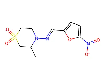 N-(3-methyl-1,1-dioxo-1,4-thiazinan-4-yl)-1-(5-nitro-2-furanyl)methanimine structure