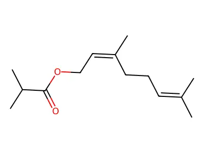 Propanoic acid, 2-methyl-, (2E)-3,7-dimethyl-2,6-octadienyl ester structure