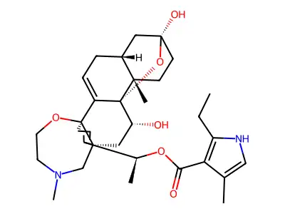 1-(9,12-Dihydroxy-2,11a-dimethyl-1,2,3,4,7a,8,9,10,11,11a,12,13-dodecahydro-7H-9,11b-epoxy-13a,5a-prop[1]enophenanthro[2,1-f][1,4]oxazepin-14-yl)ethyl 2-ethyl-4-methyl-1H-pyrrole-3-carboxylate structure
