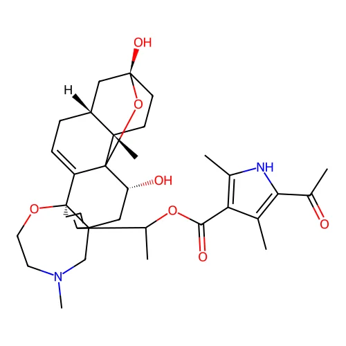 1-(9,12-Dihydroxy-2,11a-dimethyl-1,2,3,4,7a,8,9,10,11,11a,12,13-dodecahydro-7H-9,11b-epoxy-13a,5a-prop[1]enophenanthro[2,1-f][1,4]oxazepin-14-yl)ethyl 5-acetyl-2,4-dimethyl-1H-pyrrole-3-carboxylate structure