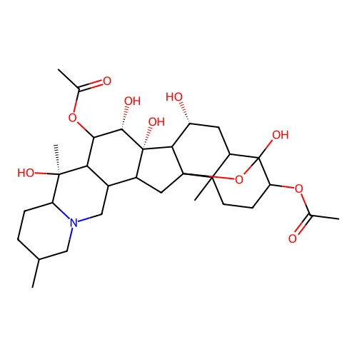 4,7,14,15,20-Pentahydroxy-4,9-epoxycevane-3,16-diyl diacetate structure