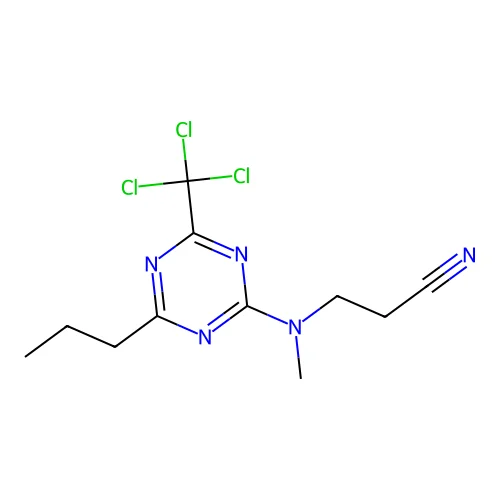 3-[Methyl-[4-propyl-6-(trichloromethyl)-1,3,5-triazin-2-yl]amino]propanenitrile structure