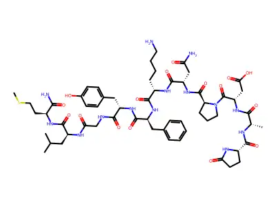 Pyr-Ala-Asp-Pro-Asn-Lys-Phe-Tyr-Gly-Leu-Met-NH2 structure