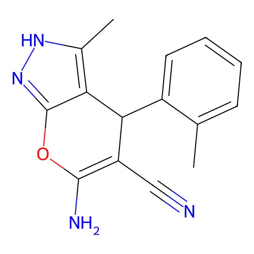 6-amino-3-methyl-4-(2-methylphenyl)-2,4-dihydropyrano[2,3-c]pyrazole-5-carbonitrile structure
