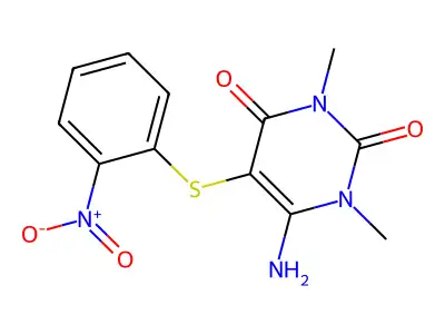 6-Amino-1,3-dimethyl-5-(2-nitrophenyl)sulfanylpyrimidine-2,4-dione structure