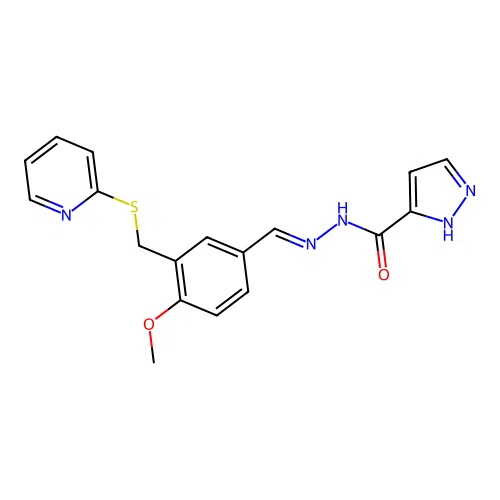 (E)-N'-(4-methoxy-3-((pyridin-2-ylthio)methyl)benzylidene)-1H-pyrazole-3-carbohydrazide structure