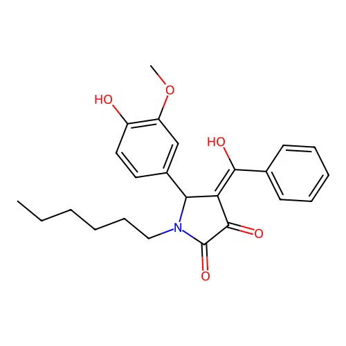 (4E)-1-hexyl-5-(4-hydroxy-3-methoxyphenyl)-4-[hydroxy(phenyl)methylidene]pyrrolidine-2,3-dione structure