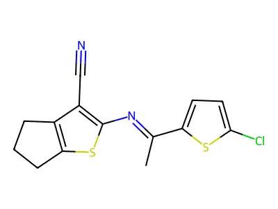 2-{[1-(5-chloro-2-thienyl)ethylidene]amino}-5,6-dihydro-4H-cyclopenta[b]thiophene-3-carbonitrile structure