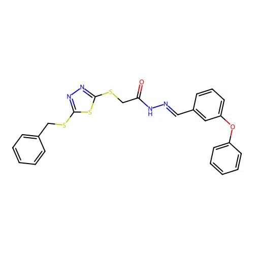 2-{[5-(benzylsulfanyl)-1,3,4-thiadiazol-2-yl]sulfanyl}-N'-[(E)-(3-phenoxyphenyl)methylidene]acetohydrazide structure