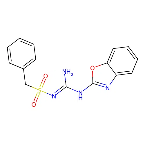 N-[(E)-amino(1,3-benzoxazol-2-ylamino)methylidene]-1-phenylmethanesulfonamide structure