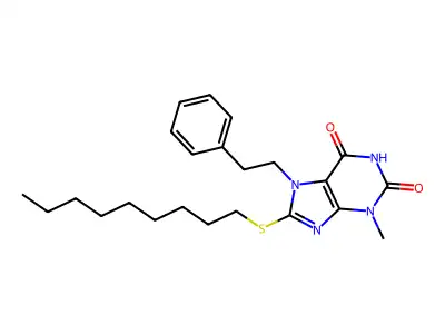 3-methyl-8-(nonylsulfanyl)-7-(2-phenylethyl)-3,7-dihydro-1H-purine-2,6-dione structure