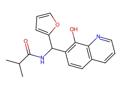 N-[2-furanyl-(8-hydroxy-7-quinolinyl)methyl]-2-methylpropanamide structure