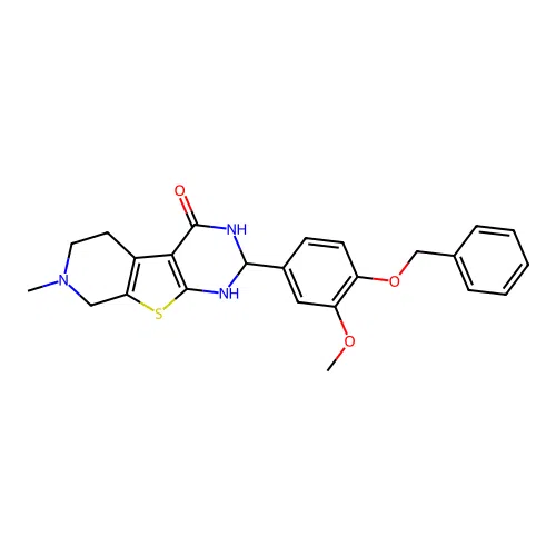 2-(4-(benzyloxy)-3-methoxyphenyl)-7-methyl-2,3,5,6,7,8-hexahydropyrido[4',3':4,5]thieno[2,3-d]pyrimidin-4(1H)-one structure