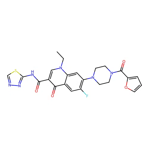 1-ethyl-6-fluoro-7-(4-(furan-2-carbonyl)piperazin-1-yl)-4-oxo-N-(1,3,4-thiadiazol-2-yl)-1,4-dihydroquinoline-3-carboxamide structure