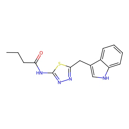 N-[(2Z)-5-(1H-indol-3-ylmethyl)-1,3,4-thiadiazol-2(3H)-ylidene]butanamide structure