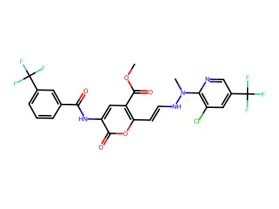 methyl 2-[2-[2-[3-chloro-5-(trifluoromethyl)pyridin-2-yl]-2-methylhydrazinyl]ethenyl]-6-oxo-5-[[3-(trifluoromethyl)benzoyl]amino]pyran-3-carboxylate structure