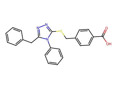 4-{[(5-benzyl-4-phenyl-4H-1,2,4-triazol-3-yl)sulfanyl]methyl}benzoic acid structure