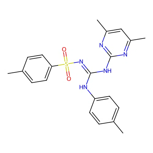 (E)-N-(((4,6-dimethylpyrimidin-2-yl)amino)(p-tolylamino)methylene)-4-methylbenzenesulfonamide structure