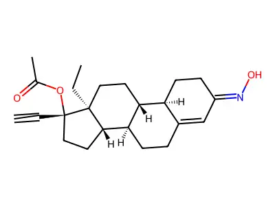 (1)-13-Ethyl-17alpha-hydroxy-18,19-dinor-pregn-4-en-20-yn-3-one oxime acetate structure
