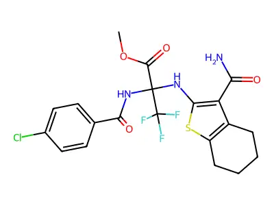 methyl 2-((3-carbamoyl-4,5,6,7-tetrahydrobenzo[b]thiophen-2-yl)amino)-2-(4-chlorobenzamido)-3,3,3-trifluoropropanoate structure