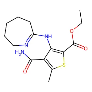 Ethyl 4-(aminocarbonyl)-3-(2-azepanylideneamino)-5-methyl-2-thiophenecarboxylate structure