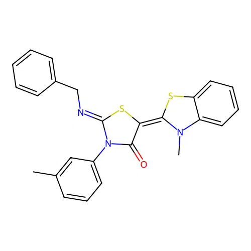(2Z,5Z)-2-(benzylimino)-5-(3-methyl-1,3-benzothiazol-2(3H)-ylidene)-3-(3-methylphenyl)-1,3-thiazolidin-4-one structure