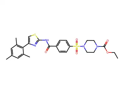 ethyl 4-((4-((4-mesitylthiazol-2-yl)carbamoyl)phenyl)sulfonyl)piperazine-1-carboxylate structure