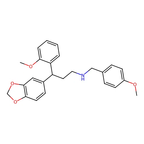 3-(1,3-benzodioxol-5-yl)-N-(4-methoxybenzyl)-3-(2-methoxyphenyl)propan-1-amine structure
