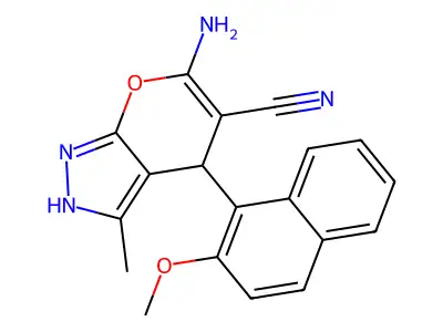 6-amino-4-(2-methoxy-1-naphthyl)-3-methyl-1,4-dihydropyrano[2,3-c]pyrazole-5-carbonitrile structure