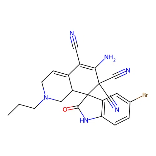 6'-amino-5-bromo-2-oxo-2'-propyl-2',3'-dihydro-1'H-spiro[indoline-3,8'-isoquinoline]-5',7',7'(8a'H)-tricarbonitrile structure