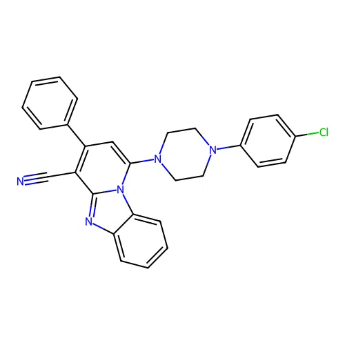 1-[4-(4-chlorophenyl)piperazin-1-yl]-3-phenylpyrido[1,2-a]benzimidazole-4-carbonitrile structure