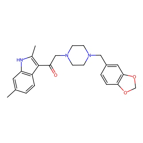 2-[4-(1,3-benzodioxol-5-ylmethyl)piperazin-1-yl]-1-(2,6-dimethyl-1H-indol-3-yl)ethanone structure
