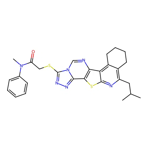2-((11-isobutyl-7,8,9,10-tetrahydro-[1,2,4]triazolo[4'',3'':1',6']pyrimido[4',5':4,5]thieno[2,3-c]isoquinolin-3-yl)thio)-N-methyl-N-phenylacetamide structure