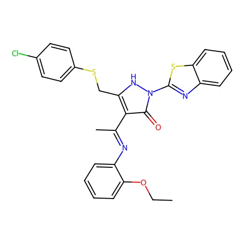 (E)-1-(benzo[d]thiazol-2-yl)-3-(((4-chlorophenyl)thio)methyl)-4-(1-((2-ethoxyphenyl)amino)ethylidene)-1H-pyrazol-5(4H)-one structure