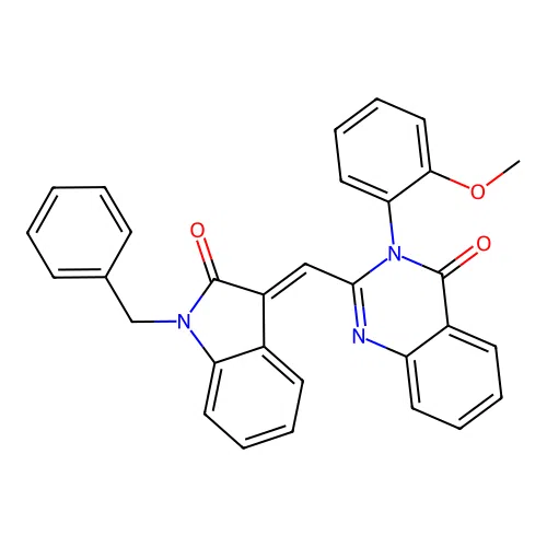 2-[(E)-(1-benzyl-2-oxoindol-3-ylidene)methyl]-3-(2-methoxyphenyl)quinazolin-4-one structure